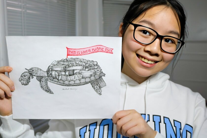“I made this poster in hopes of spreading awareness about the effect of plastic pollution on marine wildlife. I decided to create a portrait of a sea turtle in pointillism to illustrate how marine biodiversity is slowly deteriorating due to the surpl
