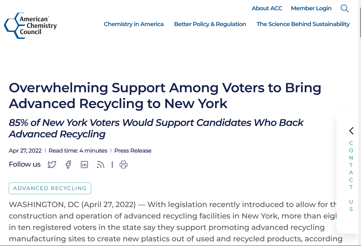 Beyond Plastics’ Response to the American Chemistry Council’s Poll of NYS Voters’ Views on So-Called “Advanced Recycling”