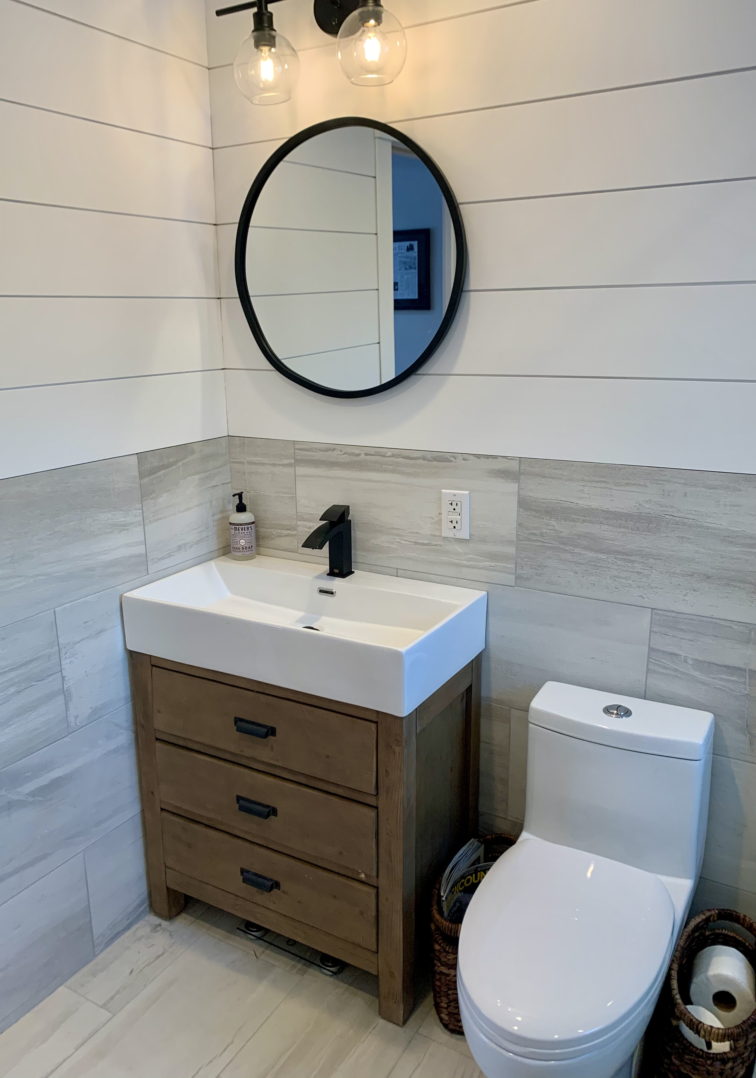 After: Shiplap & Half-Tiled Walls and Radiant Tiled Floor