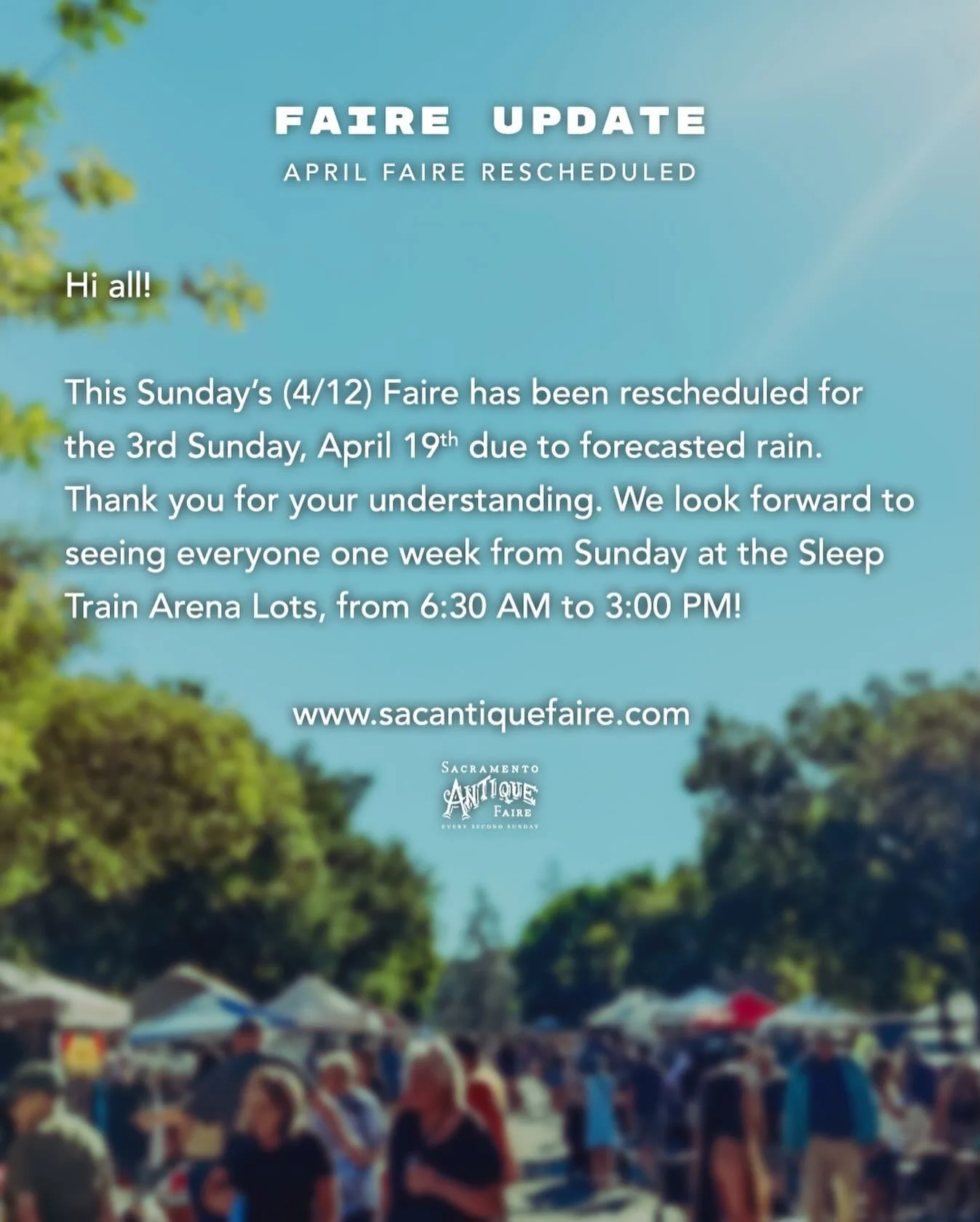 We&rsquo;ll miss you this Sunday, but looking forward to seeing everyone on the third Sunday, April 19th!