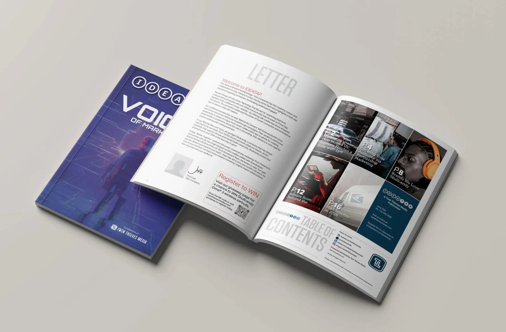 Open magazine with table of contents page and brochure titled "Voice of Market" on a plain background.