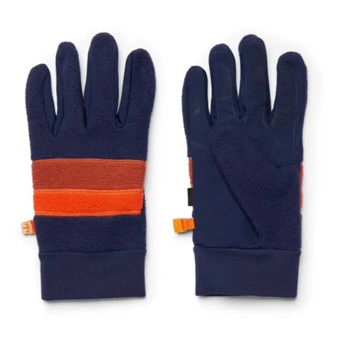 Blue fleece gloves with red and orange stripes