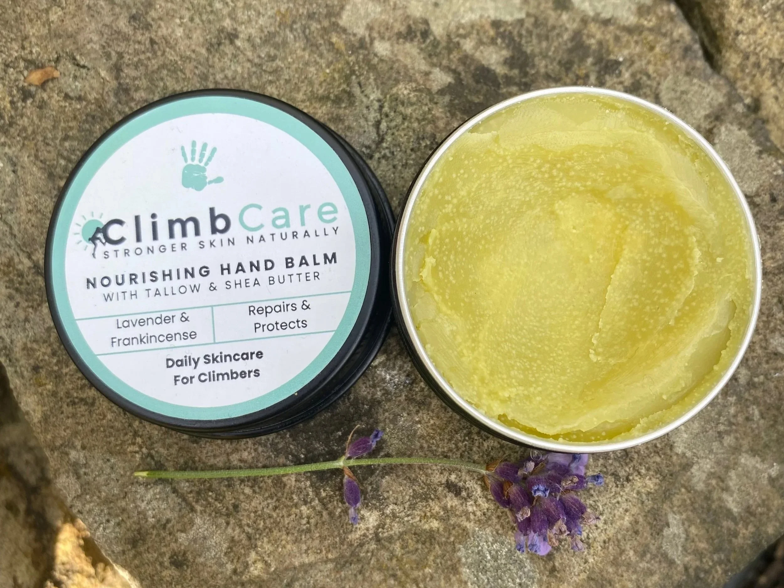 Open tin of ClimbCare Tallow Hand Balm for Climbers