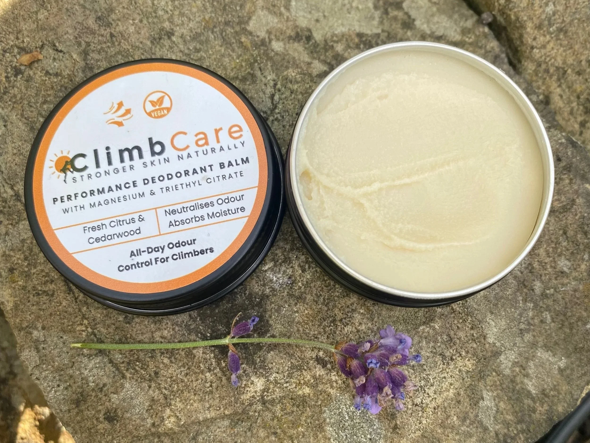 Open tin of ClimbCare natural vegan deodorant