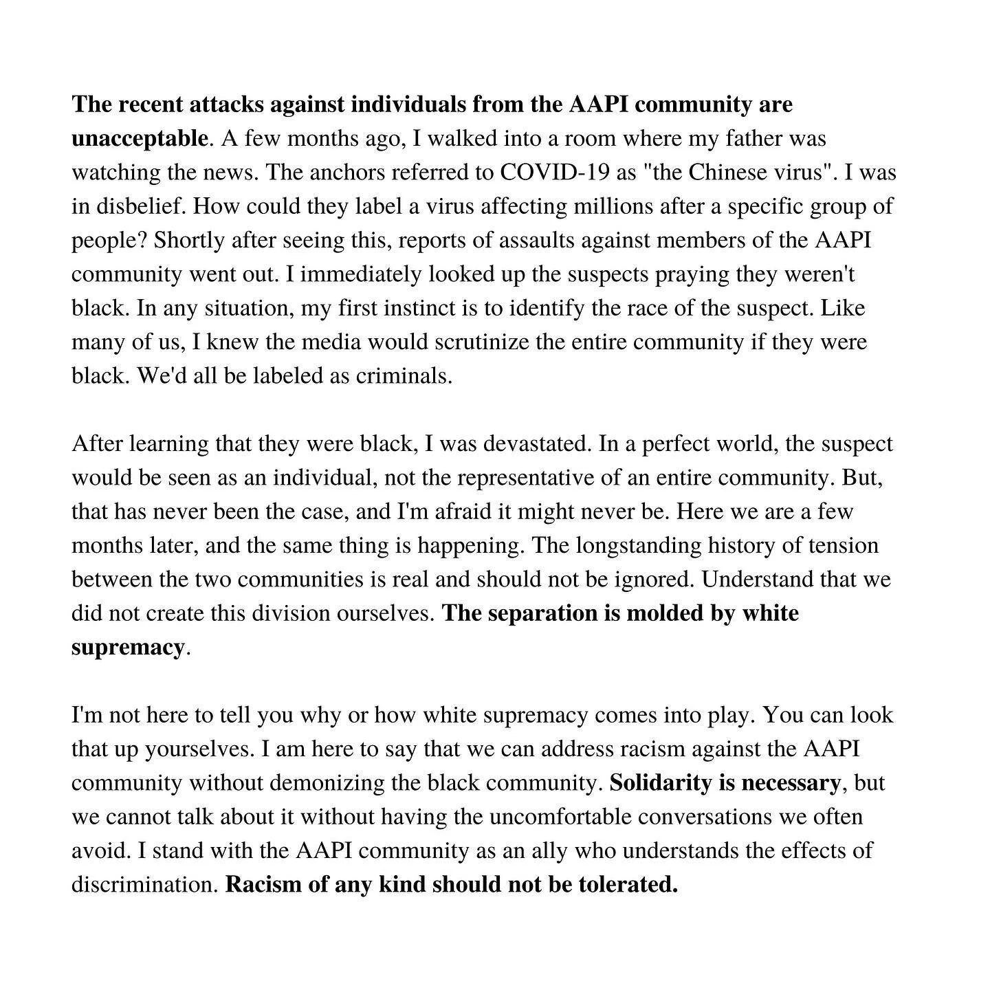 Racism of any kind should not be tolerated.