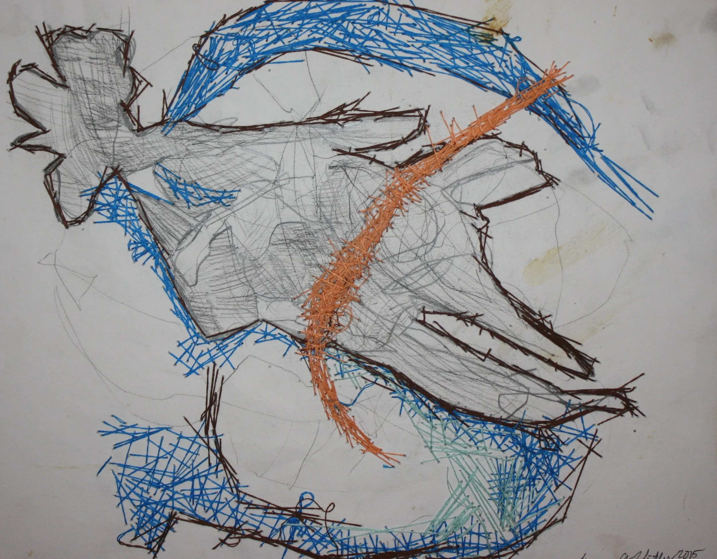 Blue thread Orange Lane Abstract pencil and ink drawing
