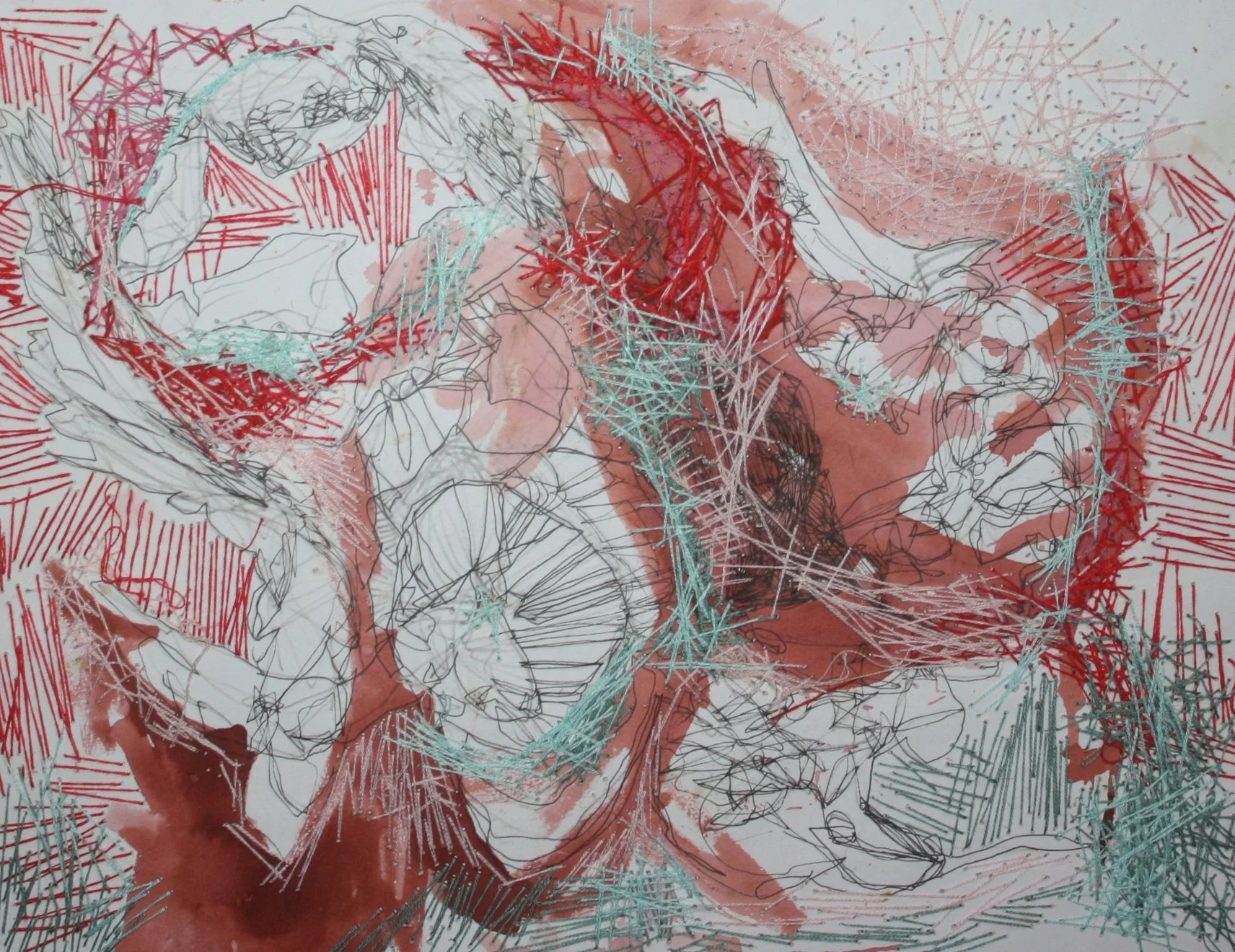 Abstract Sewn Drawing Green and Pink