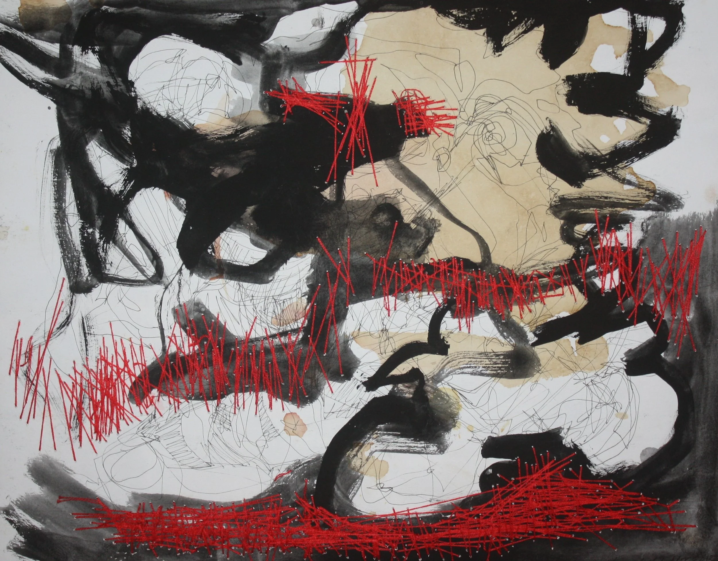 Black Ink Red Thread - Abstract sewn drawing on paper