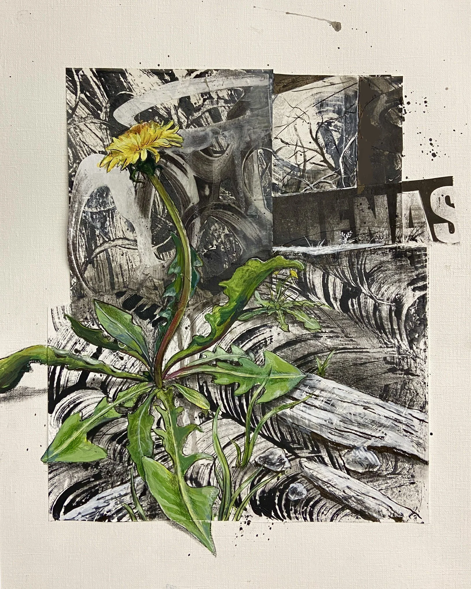 Life Finds A Way, gouache, ink, monotype and collage on paper, 12"x16"
