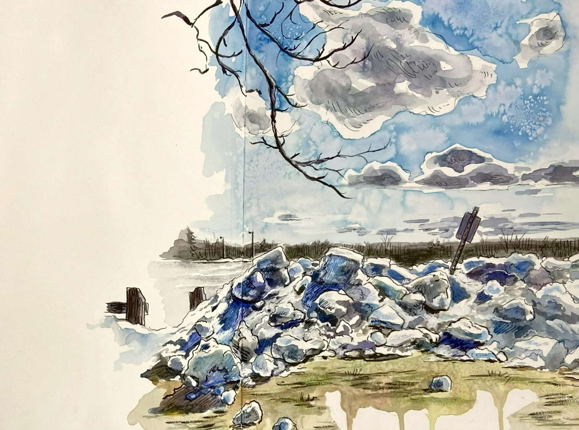 Snow Piles & Clouds, watercolor and ink on paper, 8"x13"