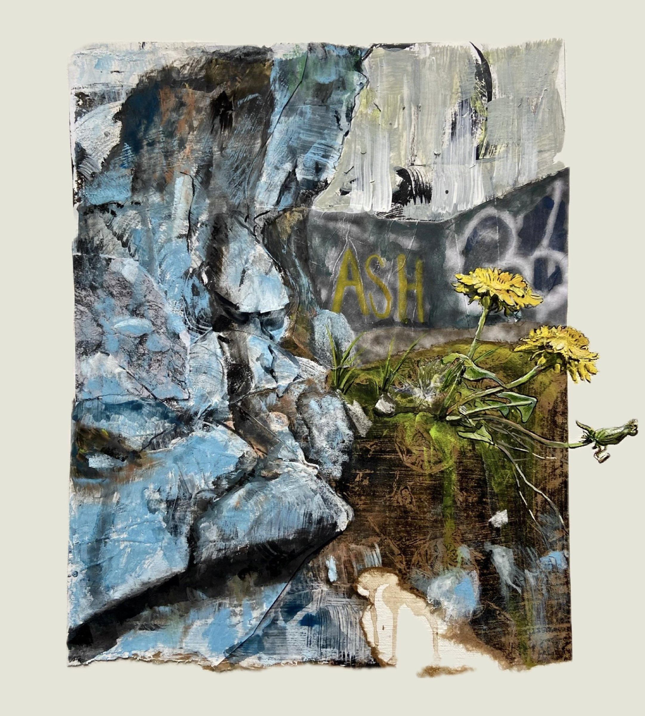 Between a Rock & a Hard Place, gouache, ink, monotype and collage on paper, 12"x14"