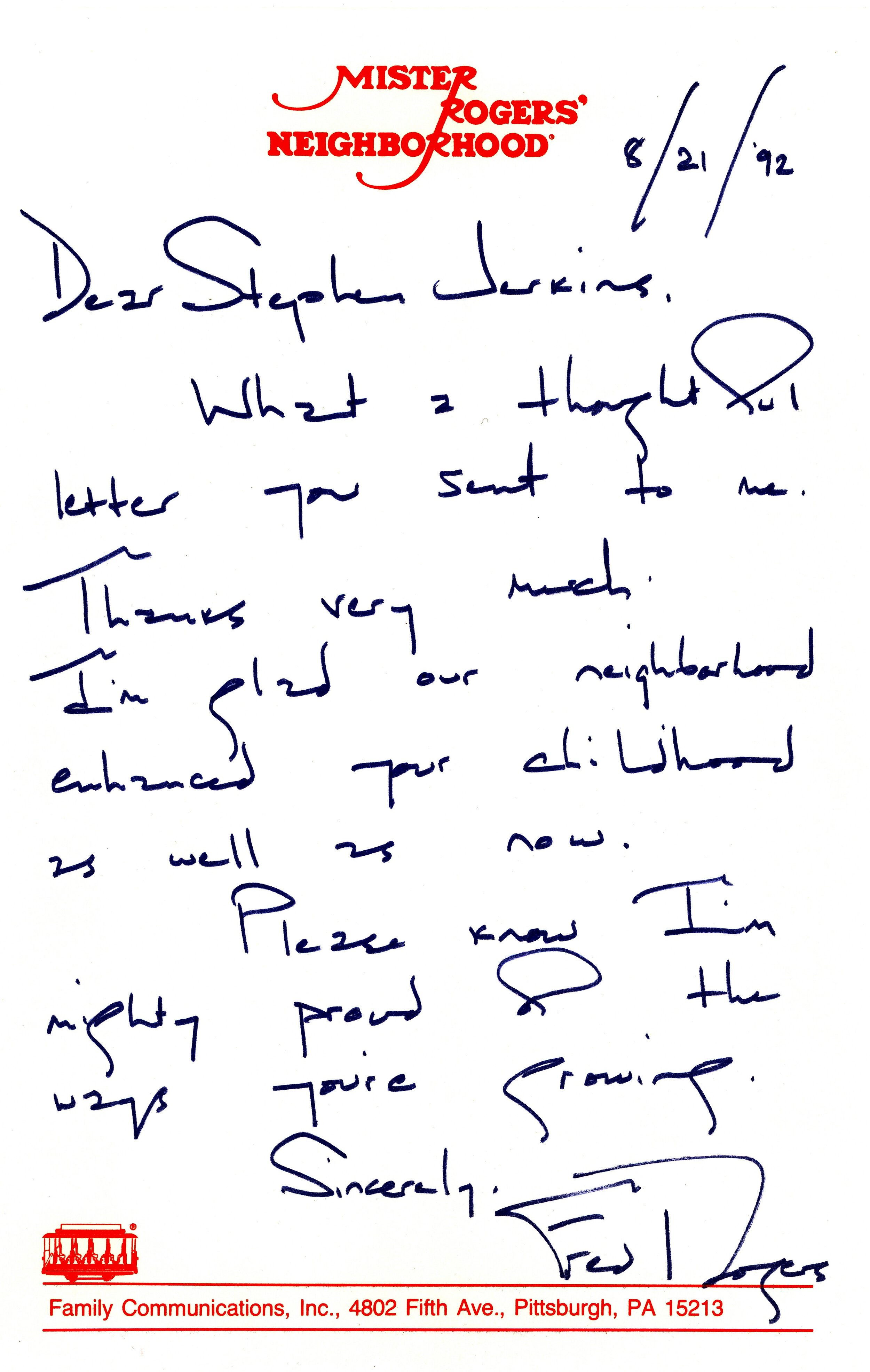 Heartfelt Letter from Mr. Rogers