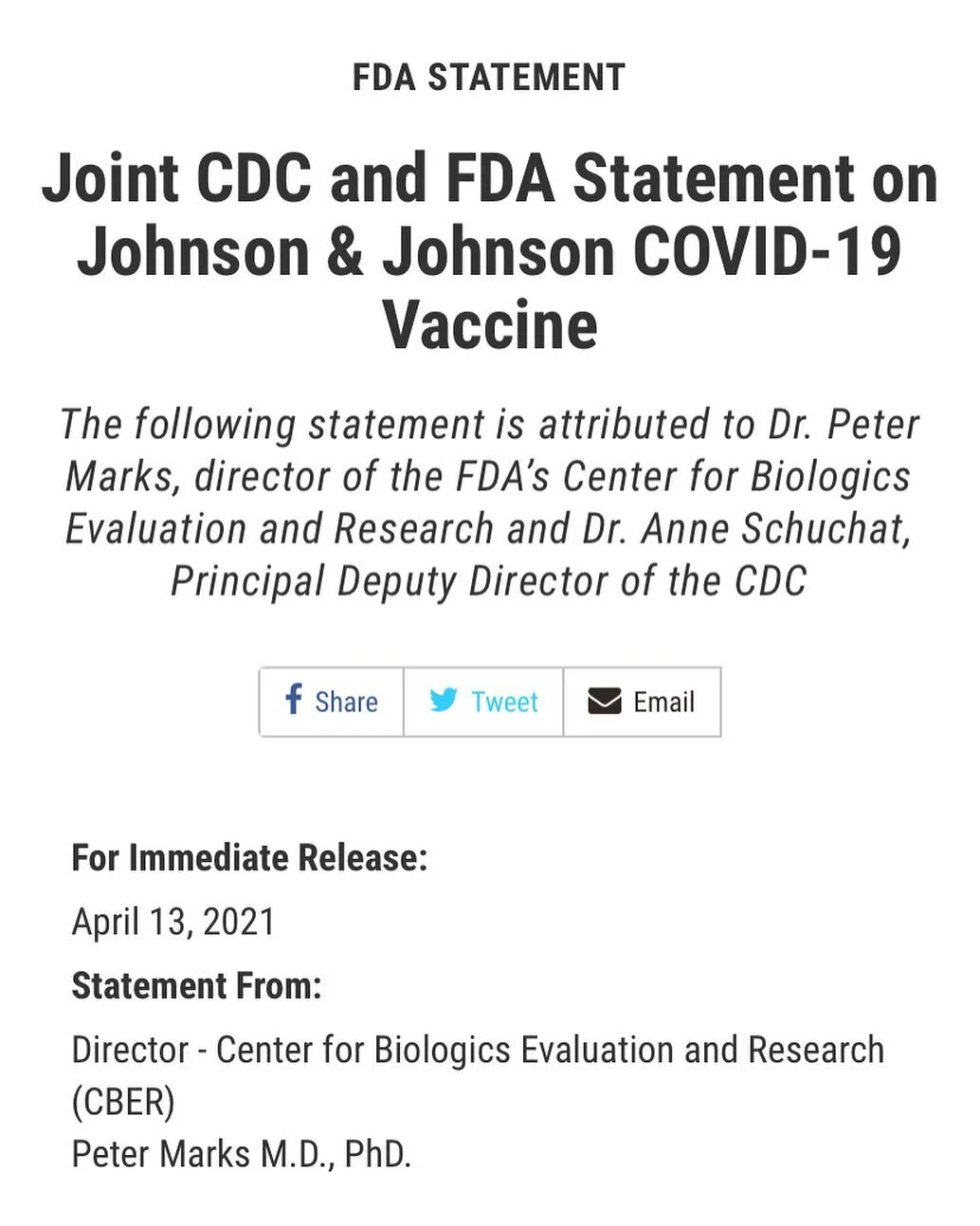 Transparency.

 Six out of 6.8 million J&amp;J vaccine recipients have experienced a rare blood clot. Though this is an extremely low number, it matters to those six individuals and their loved ones. And it&rsquo;s important enough to investigate fur