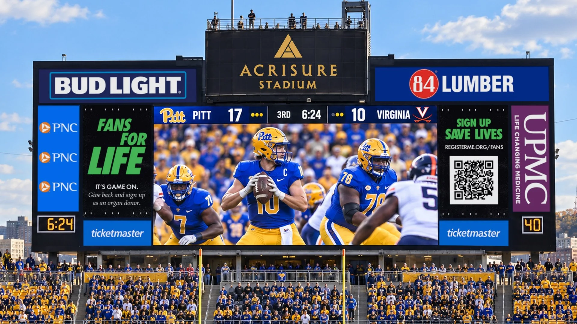 Fans for Life Graphics playing on the Acrisure Stadium video board during a Pitt home game.