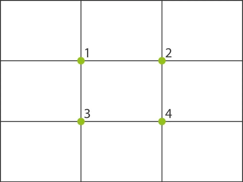  Auf diesem Bild sind die vier Schnittpunkte der 2/3-Regel grün markiert. 