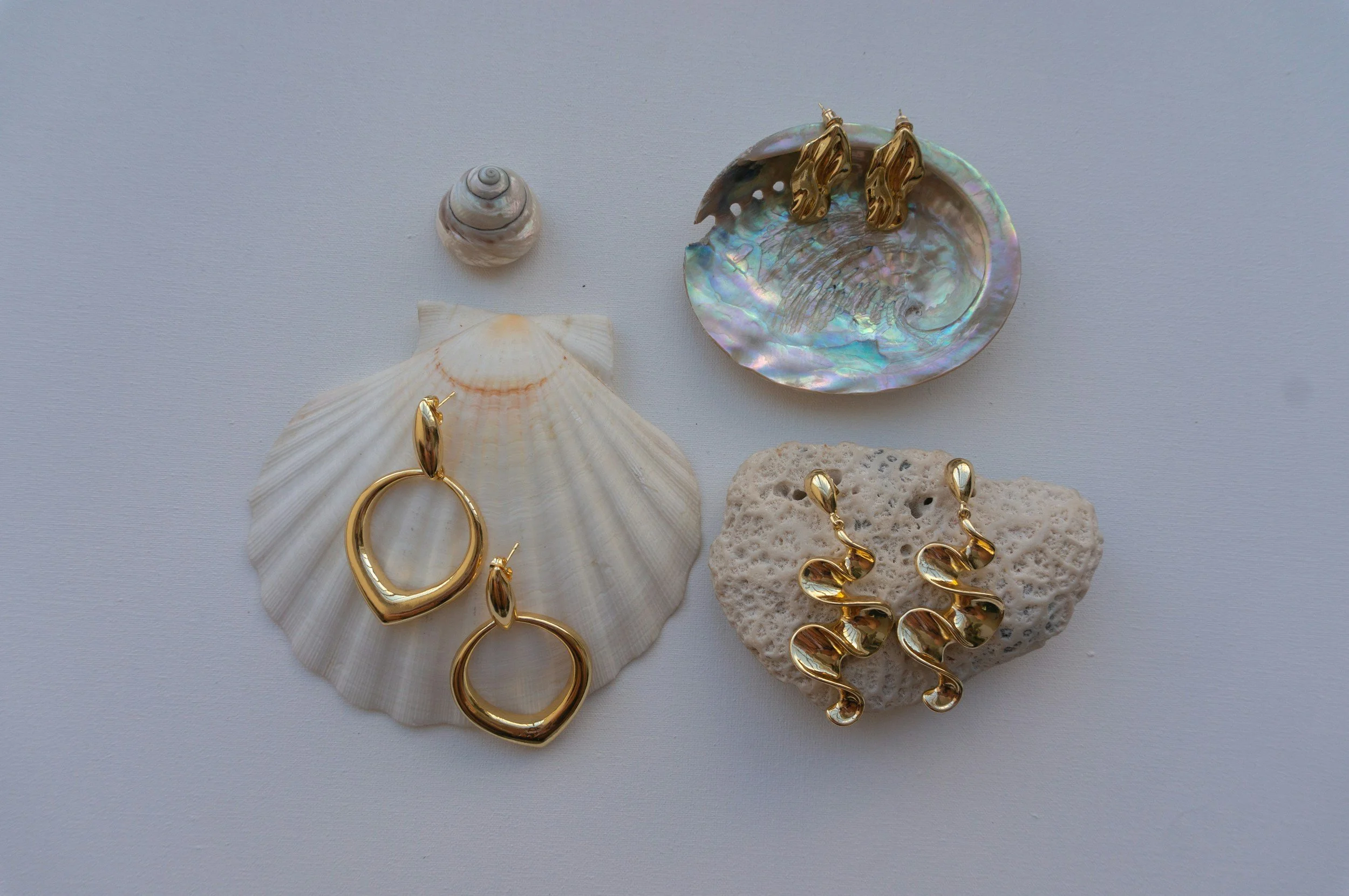 Two pairs of gold earrings, one with open circle design and one with abstract wavy design, displayed on seashells and coral, with additional seashells and a shell dish. All set on a white background.
