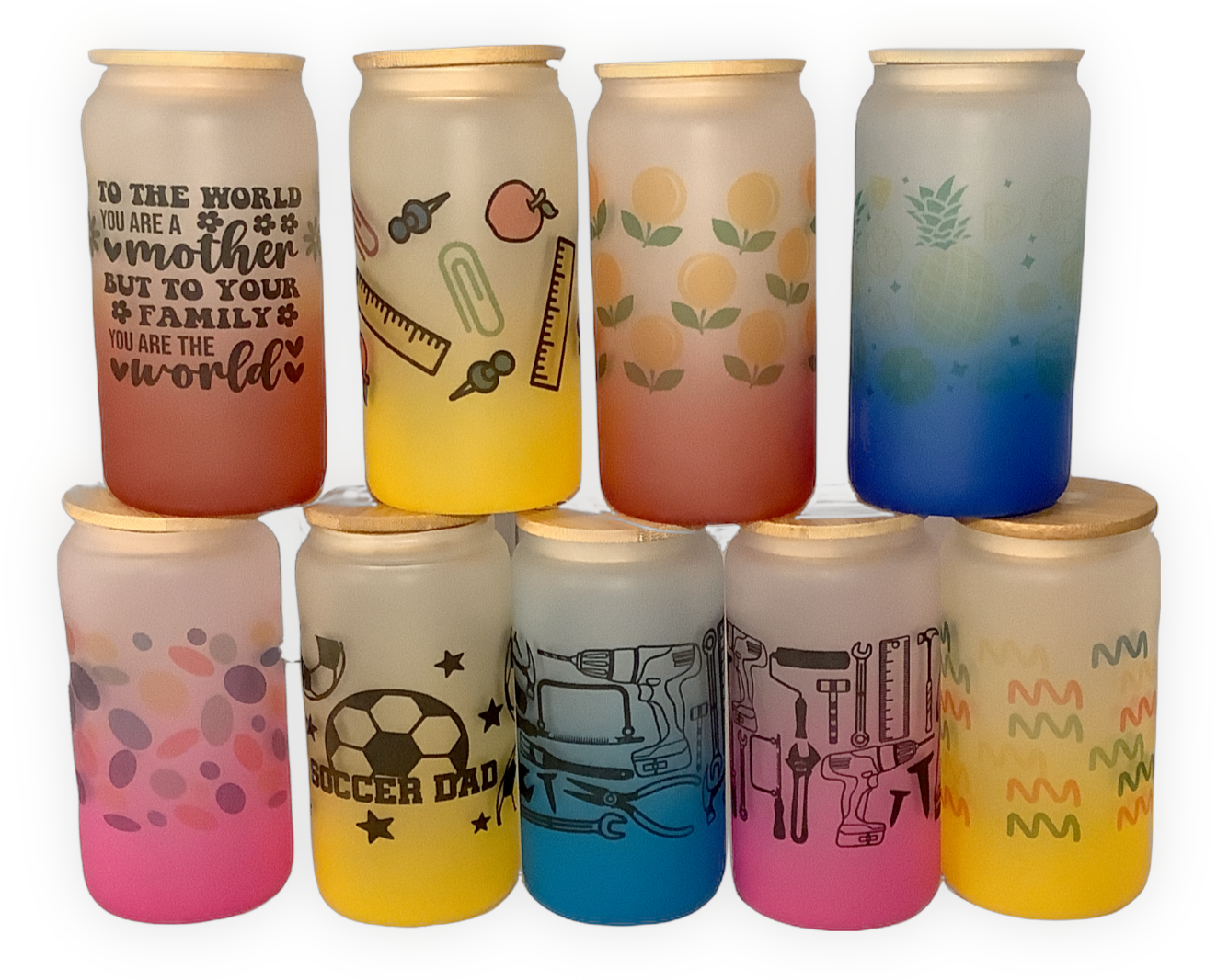 A collection of ten colorful, patterned cans arranged in two rows, featuring various designs including motivational quotes, sports, tools, and abstract patterns.