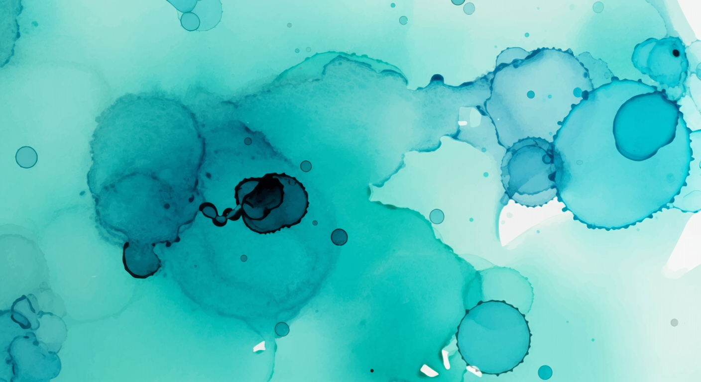 Abstract watercolor background in shades of blue, teal, and aqua with circular patterns and varying watercolor textures.