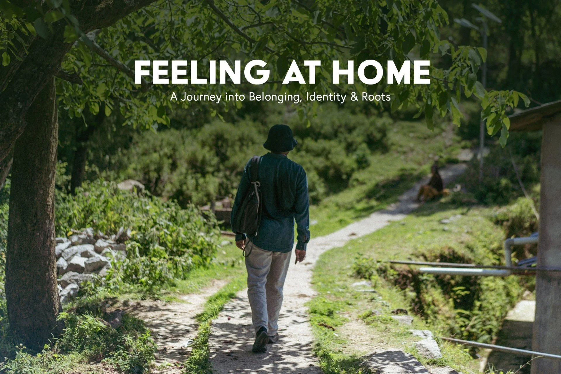 Participant walking along a forest path at Dharmalaya in Bir, Himachal Pradesh during the “Feeling at Home” belonging retreat.