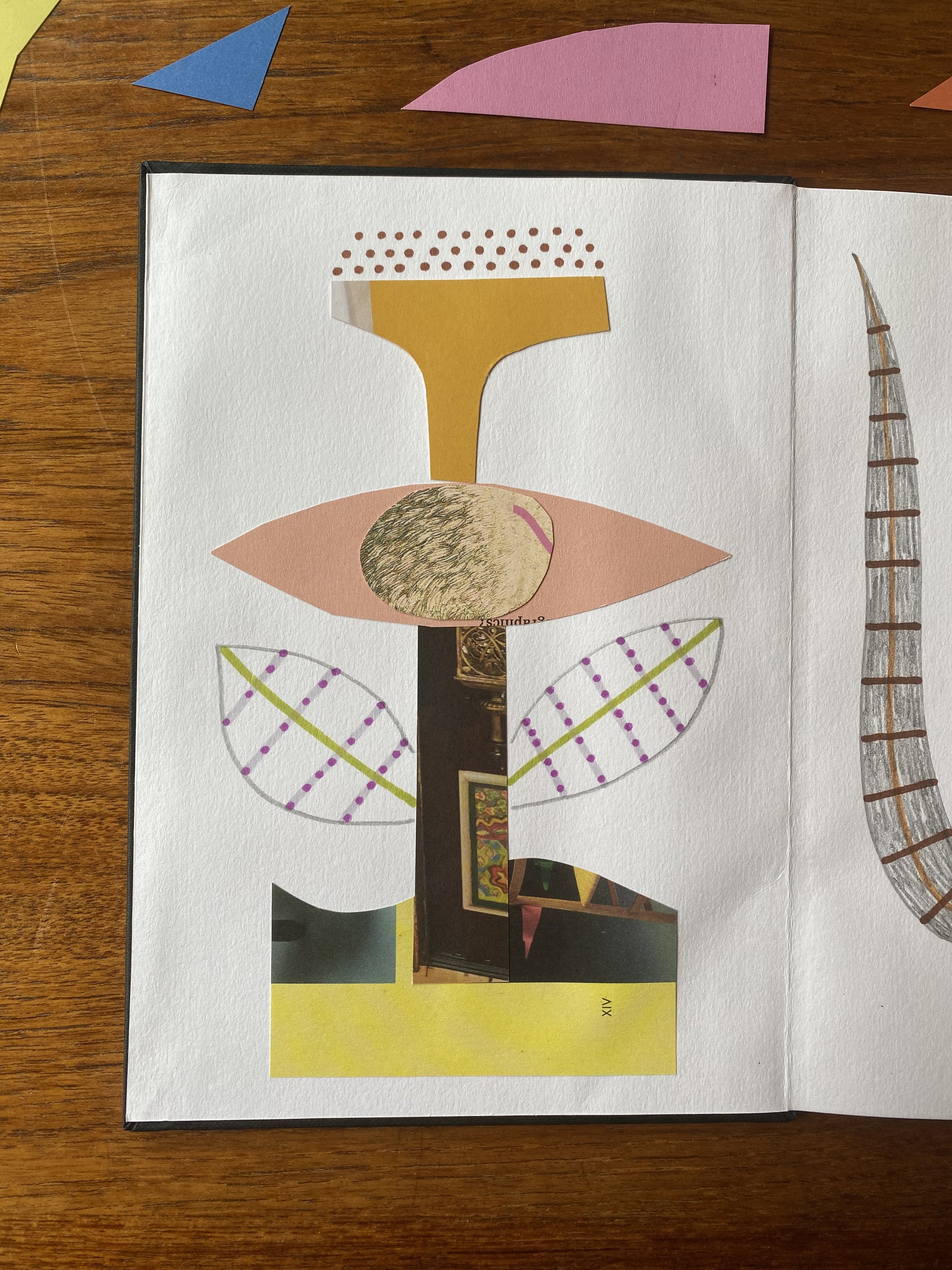 A collage of abstract shapes and images, including a yellow cup, pink eye shape, textured circle, green and purple leaf shapes, and various cutouts from artwork, arranged artistically on a white background.