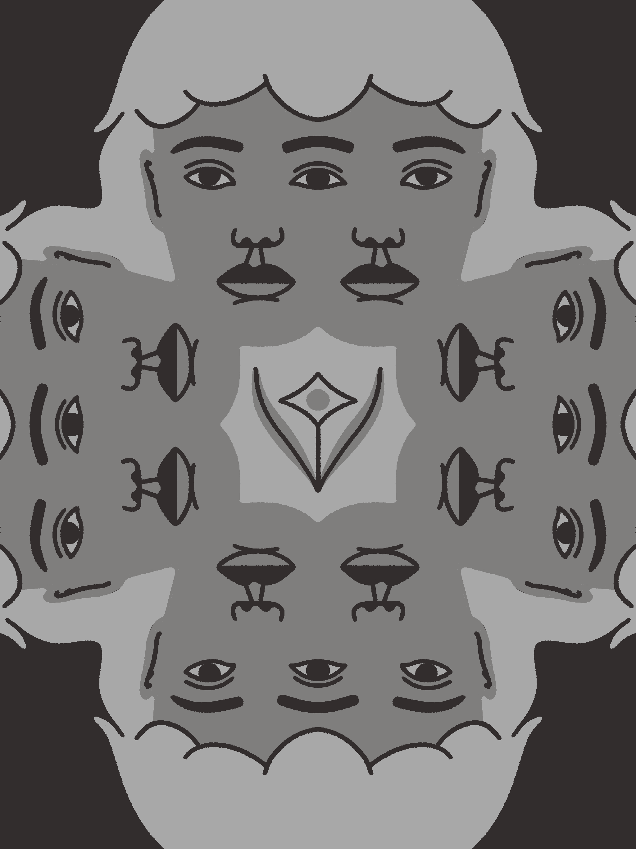 A symmetrical, abstract illustration featuring human faces and faces with multiple eyes, lips, and noses in shades of gray and black.