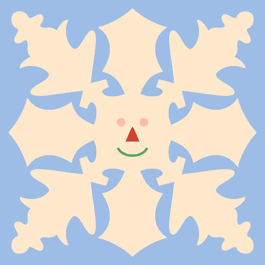 A family portrait of a cream coloured snowflake with a smiling face made of multicoloured features, against a light blue background. 