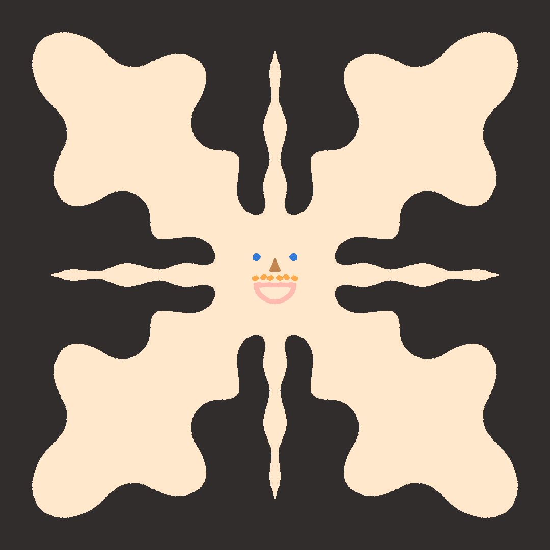 A family portrait of a cream coloured snowflake with a smiling face made of multicoloured features, including a moustache, against a charcoal background. 