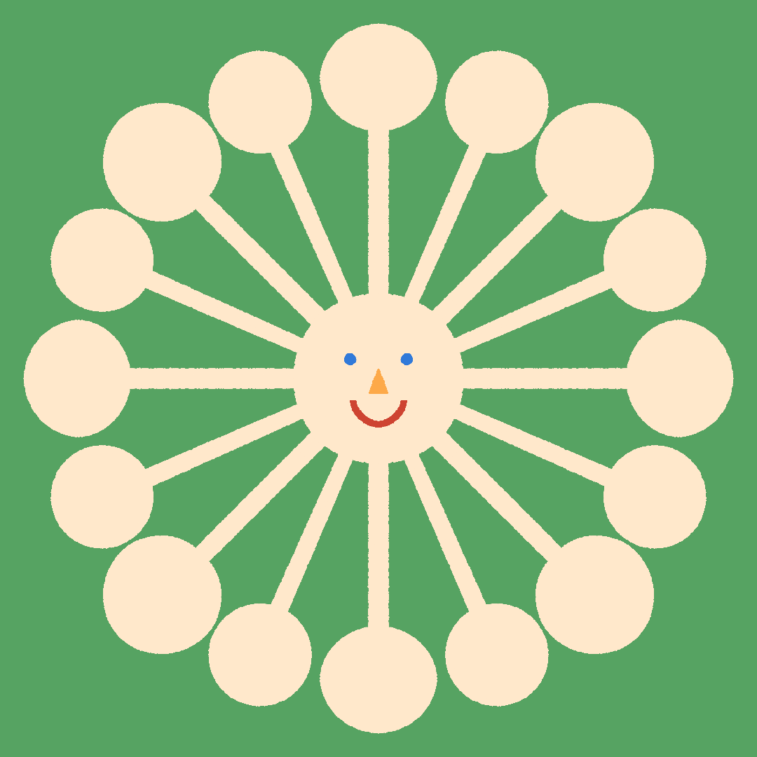 A family portrait of a cream coloured snowflake with a smiling face made of multicoloured features, against a green background. 
