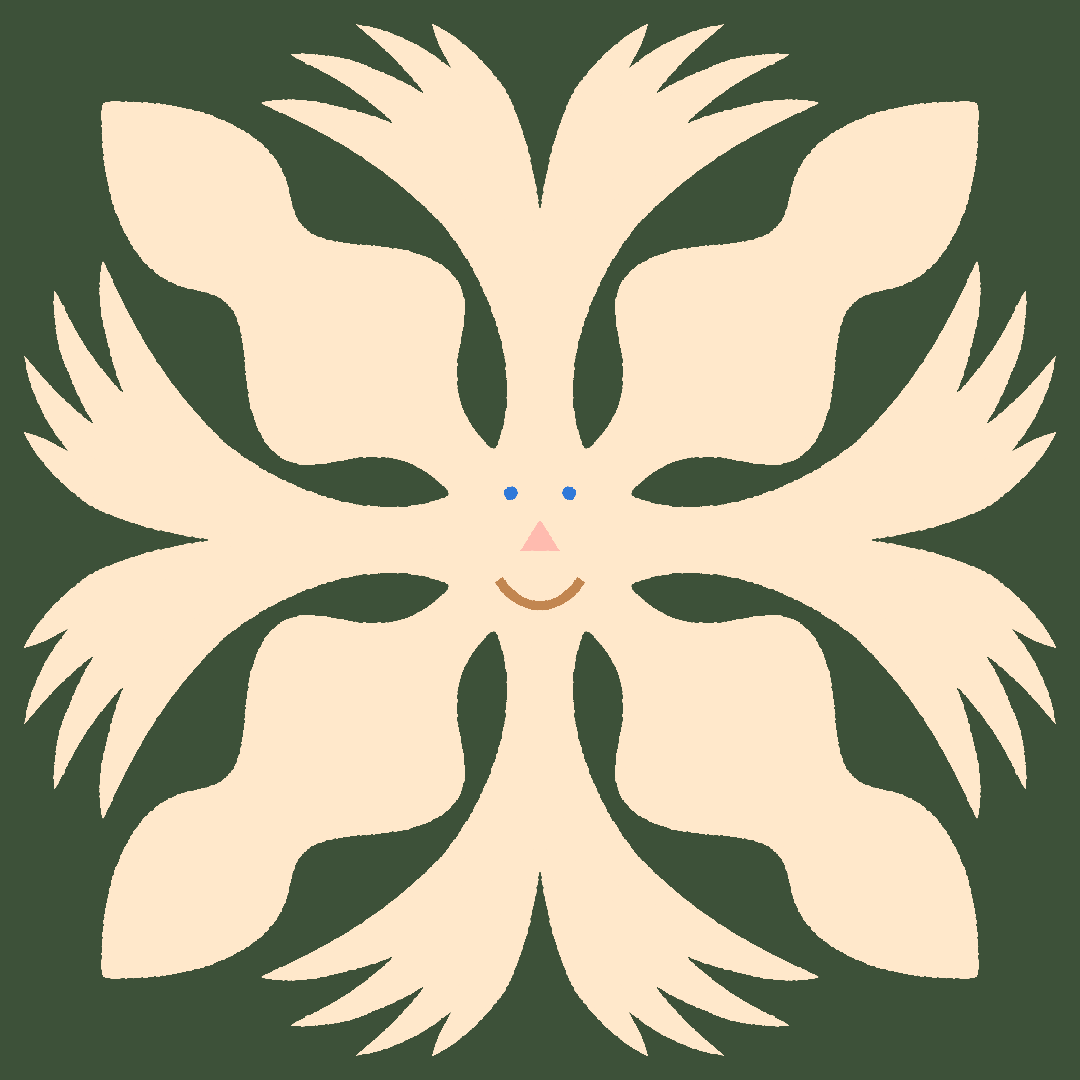 A family portrait of a cream coloured snowflake with a smiling face made of multicoloured features, against a dark green background. 