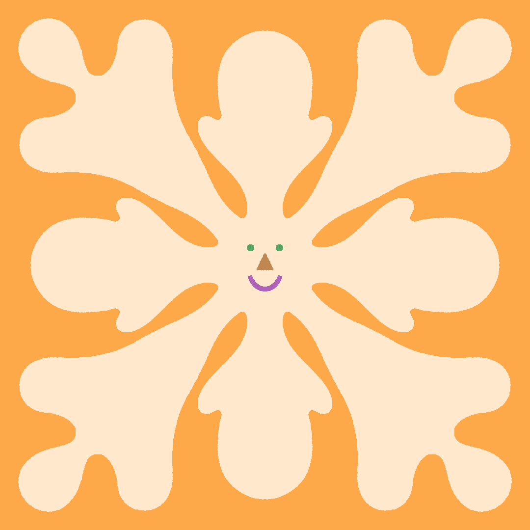 A family portrait of a cream coloured snowflake with a smiling face made of multicoloured features, against a yellow background. 