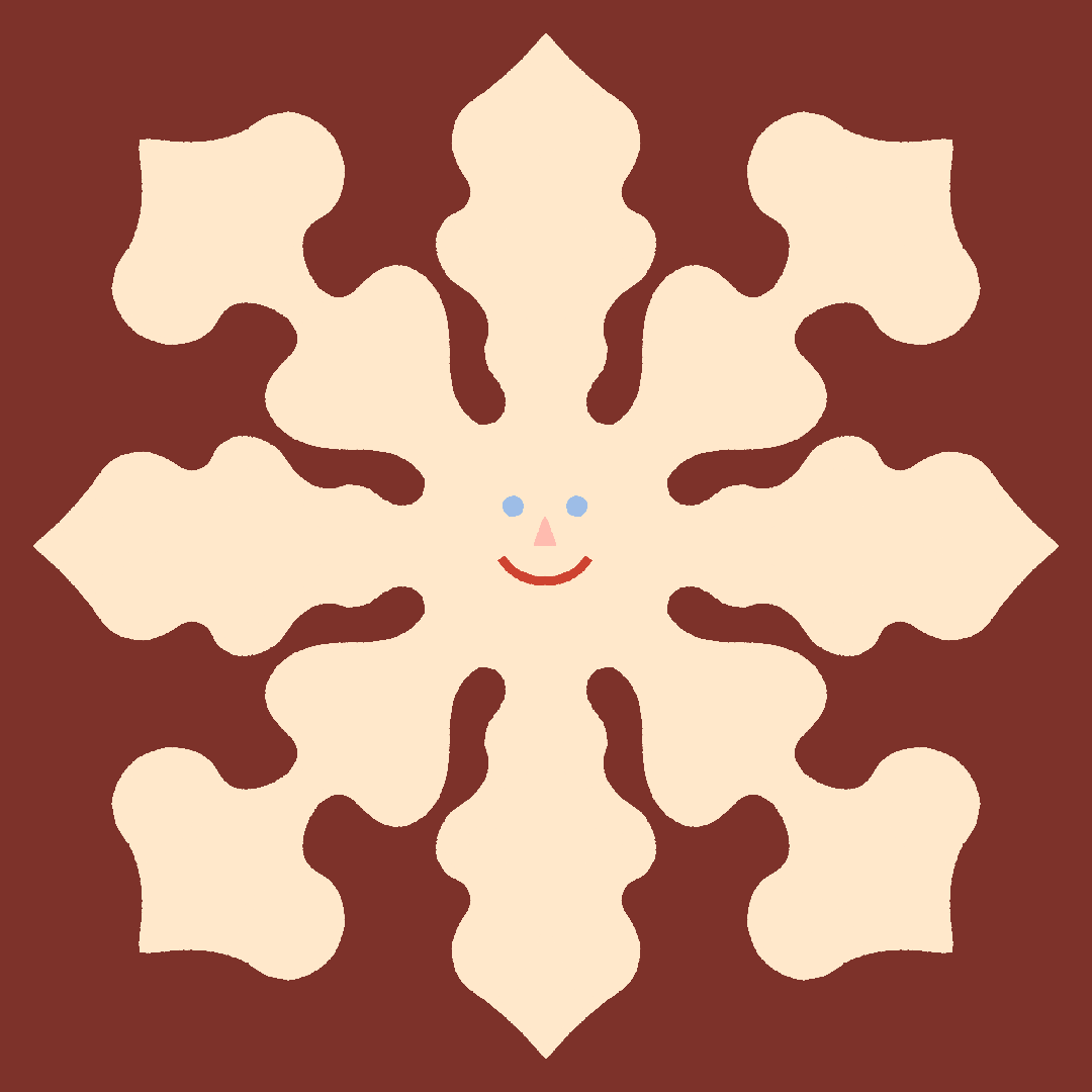 A family portrait of a cream coloured snowflake with a smiling face made of multicoloured features, against a brown background. 