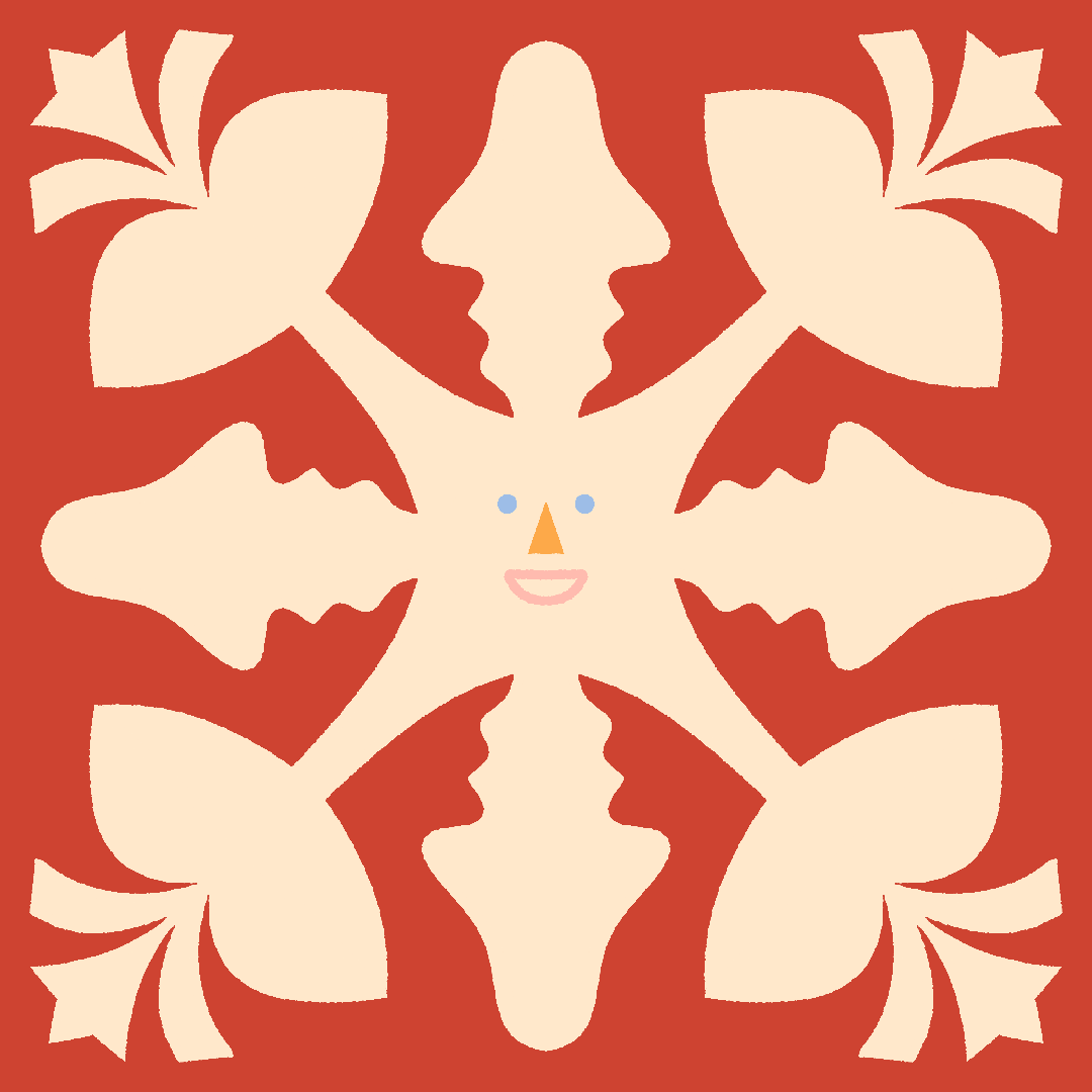 A family portrait of a cream coloured snowflake with a smiling face made of multicoloured features, against a red background. 