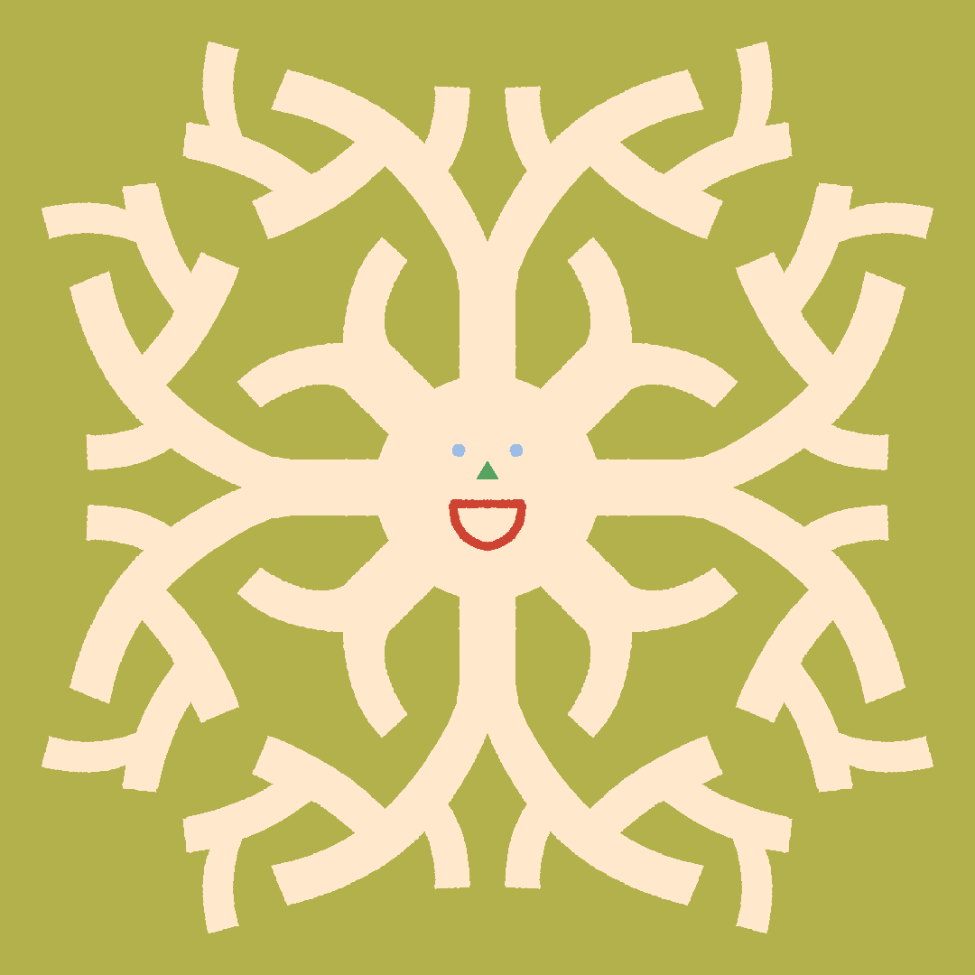 A family portrait of a cream coloured snowflake with a smiling face made of multicoloured features, against a yellow-green background. 