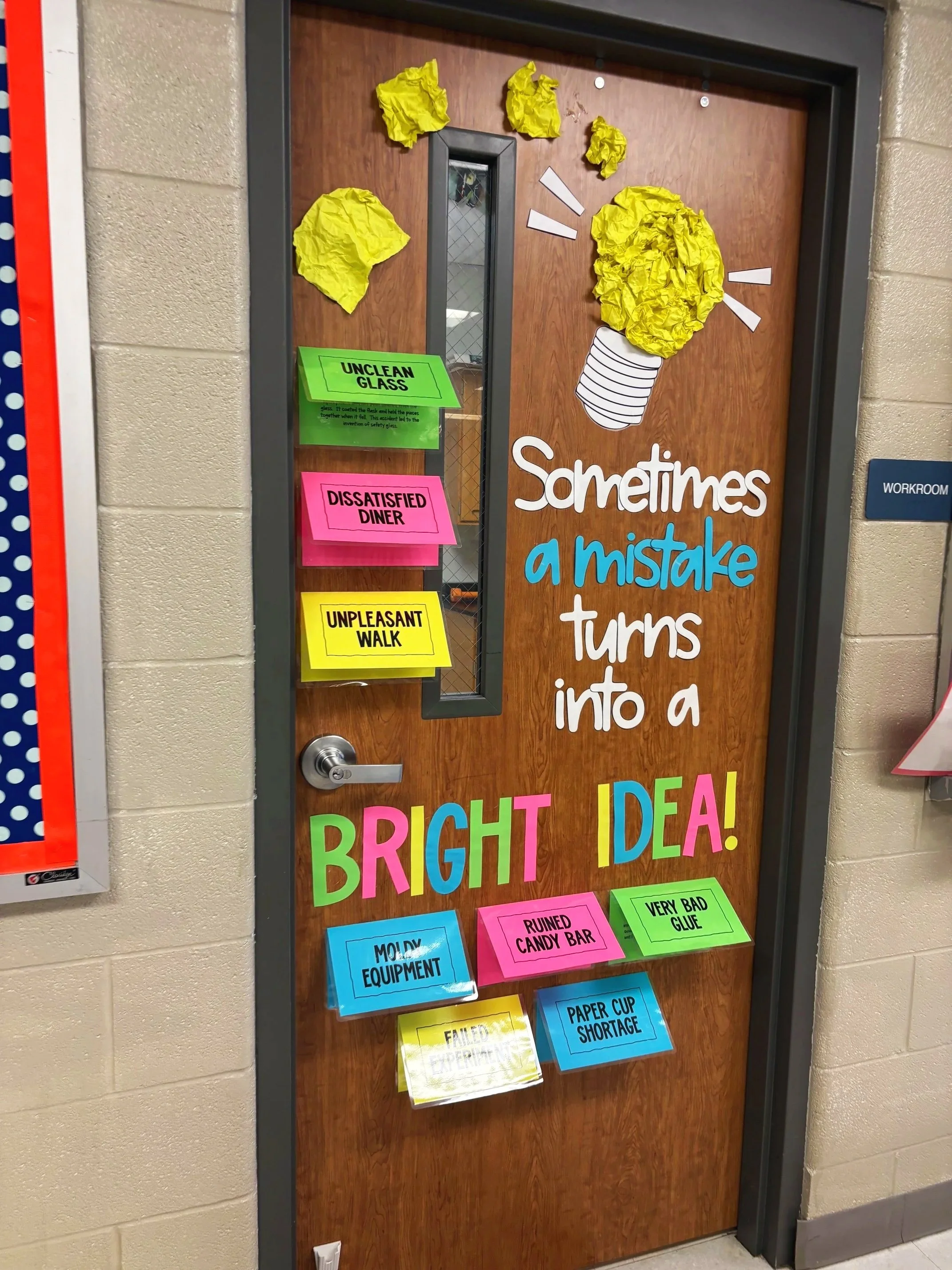 Classroom door with mistakes that turned into bright ideas