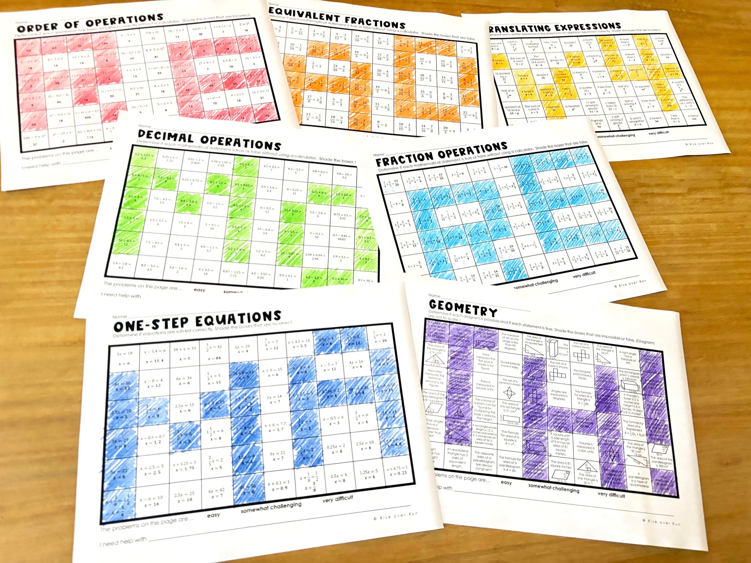 Coloring activity to prepare for 7th grade math