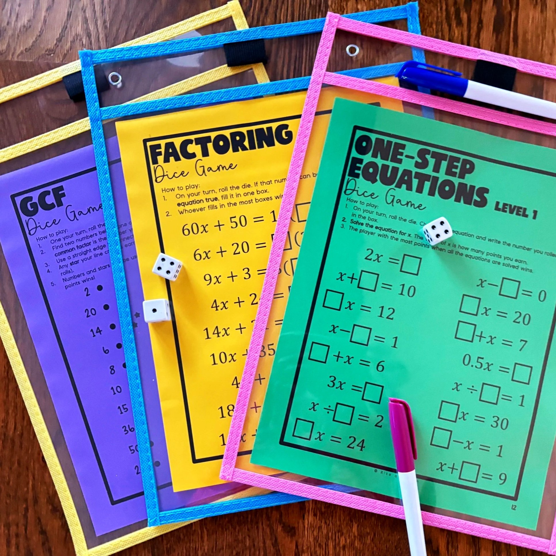 Math games with dice for equations, factoring, and GCF