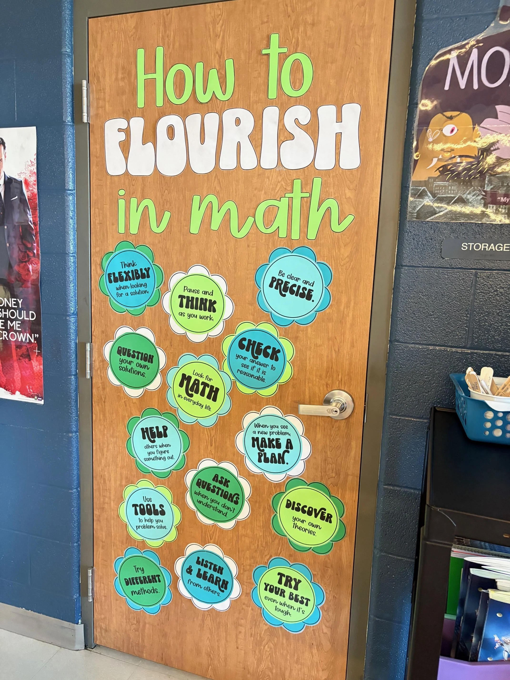 math classroom door decorated with flowers