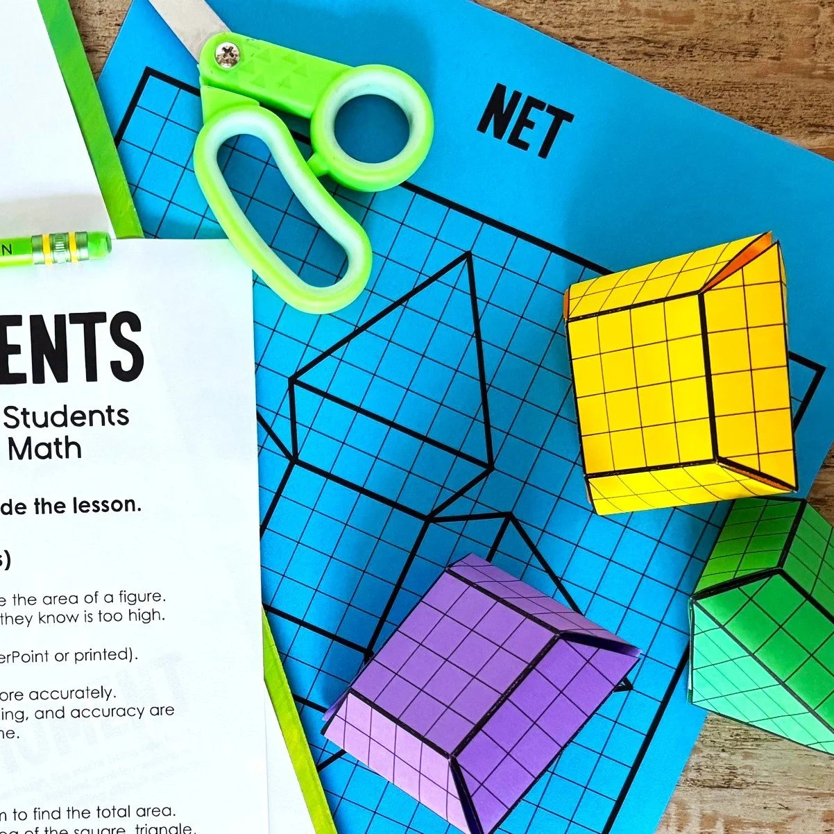 Math activity with 3d paper diamonds and a net
