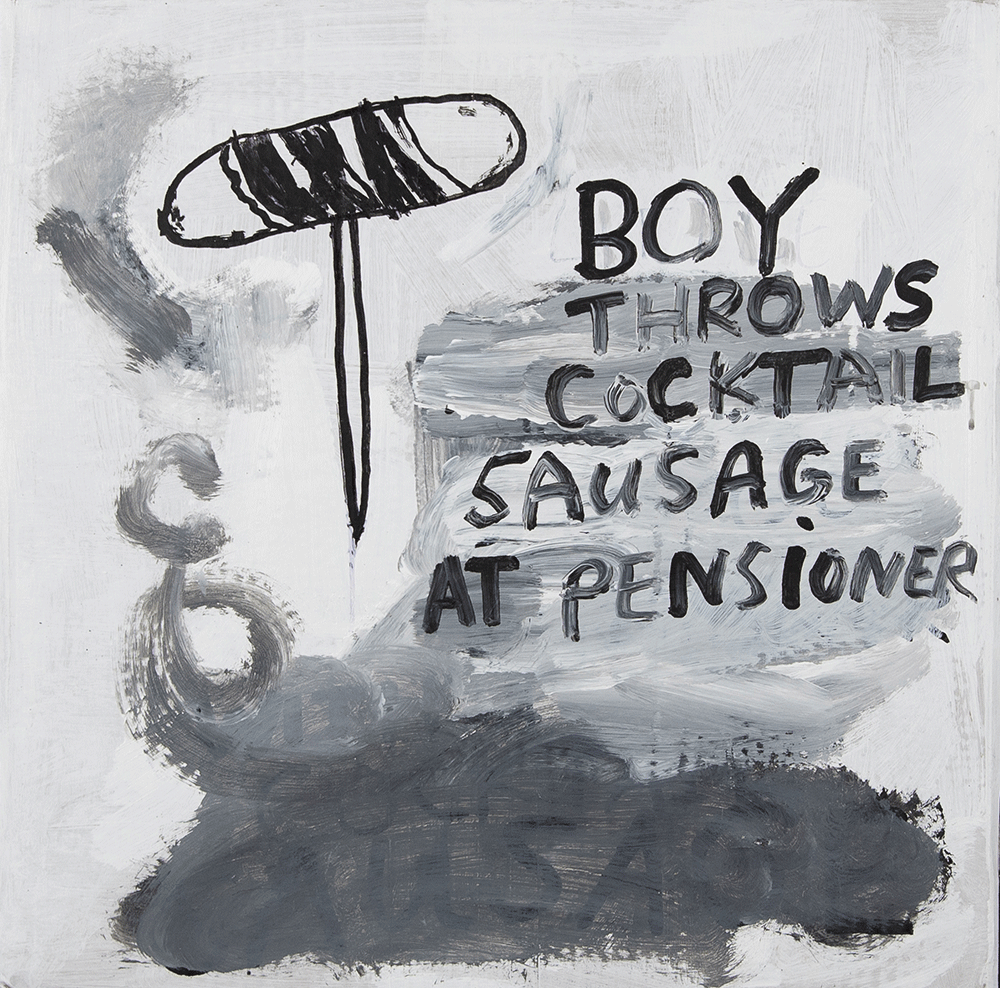 Hand-painted black-and-white sign reading “Boy throws cocktail sausage at pensioners,” with a cartoon flying sausage.