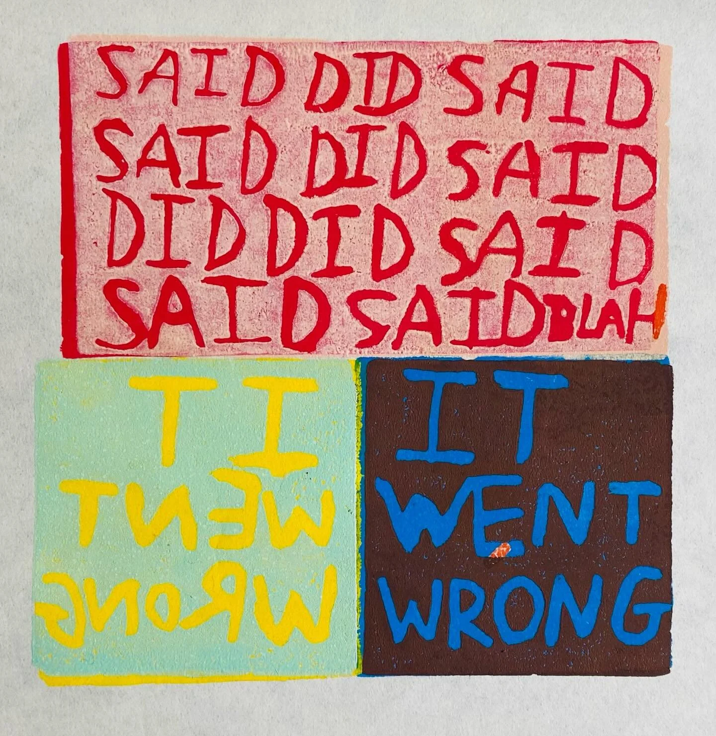 One of mine &lsquo;It went wrong blah&rsquo; rubber stamps on Japanese paper at the RSA summer show  @ryeartists... Last day of show 25th August.. open daily 10.30-5pm
