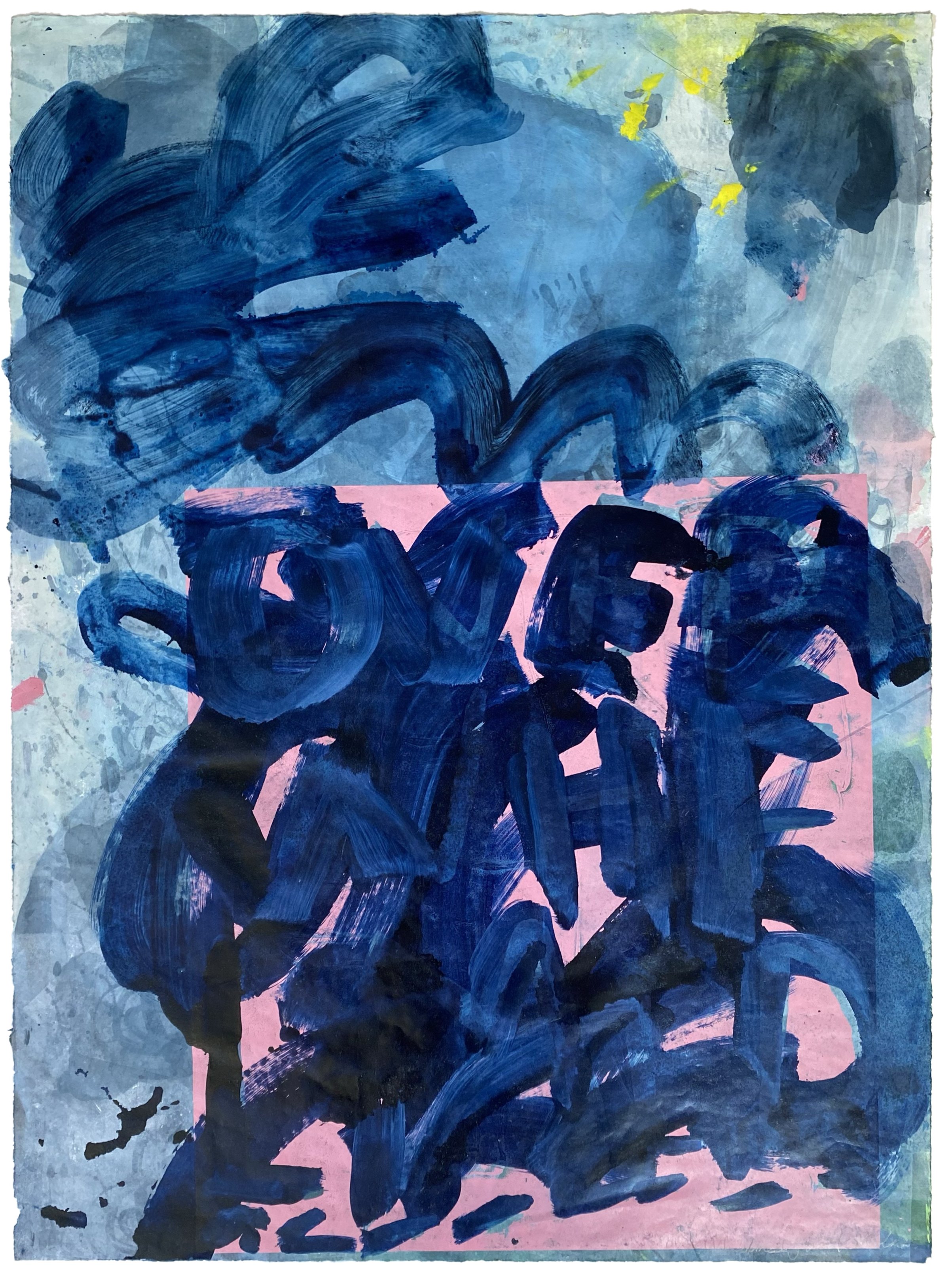 Abstract mixed-media painting with layered navy-blue brushstrokes, pale blue washes, pink geometric shapes, and small yellow accents.