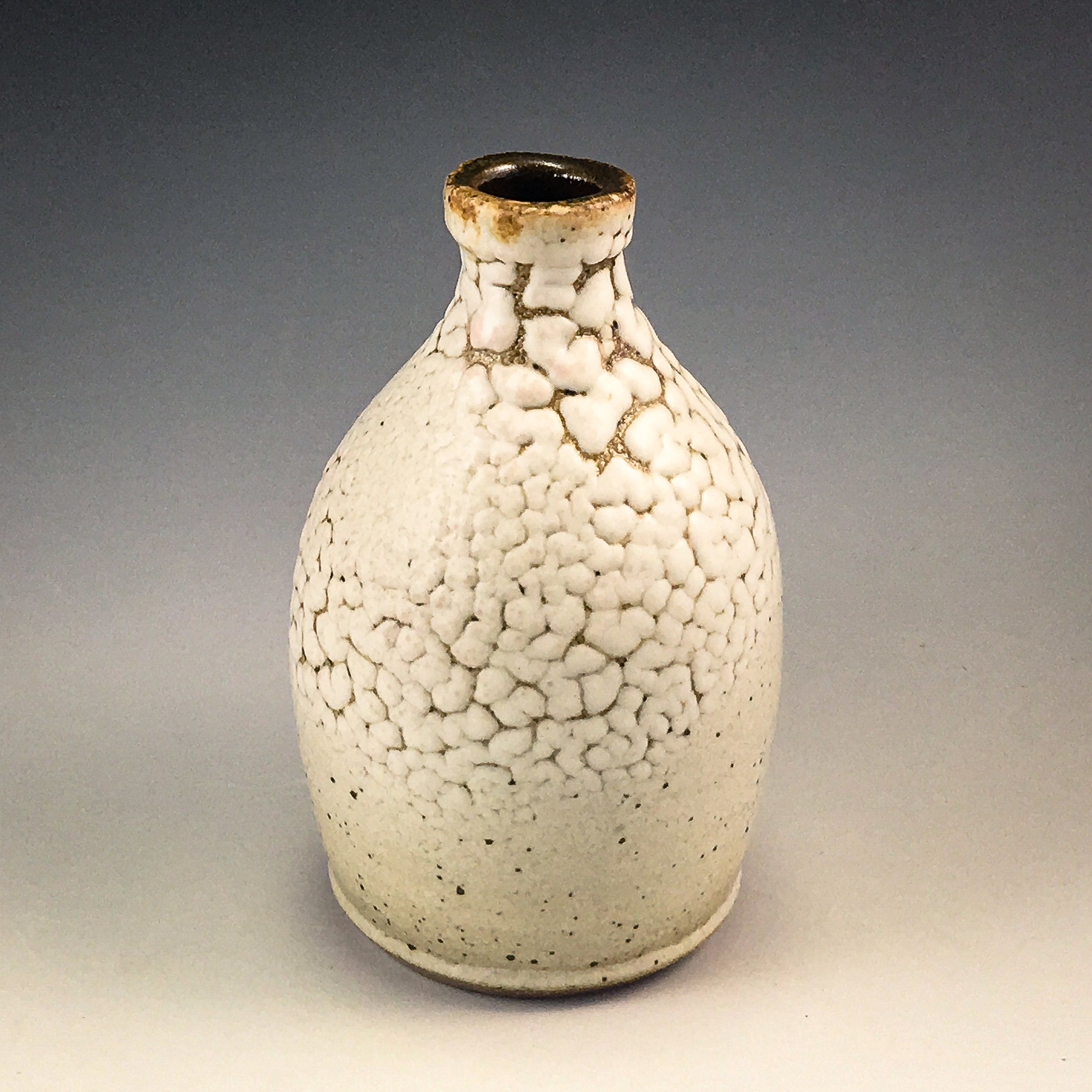 A ceramic vase with a white, textured surface and a narrow opening at the top, set against a neutral background.