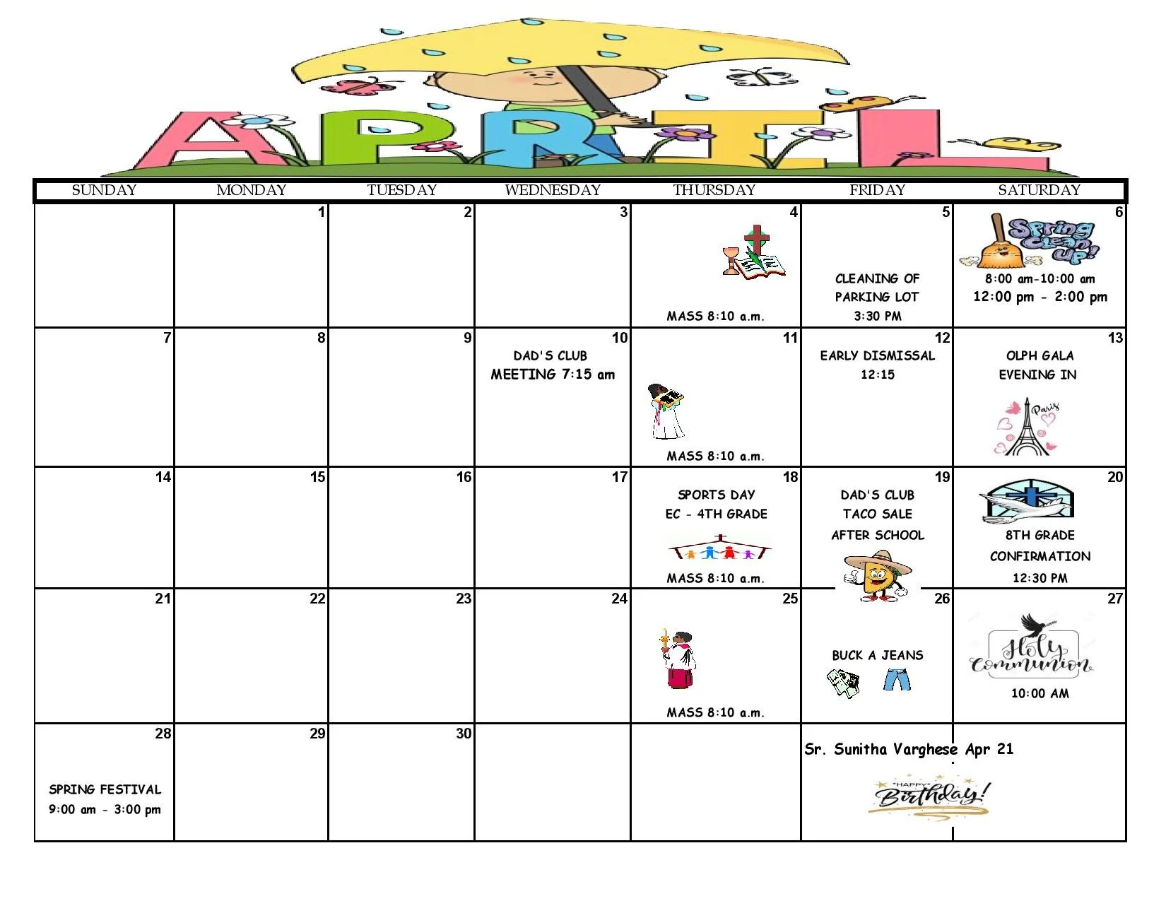 OLPH Monthly Activity Calendar — Our Lady of Perpetual Help Catholic School