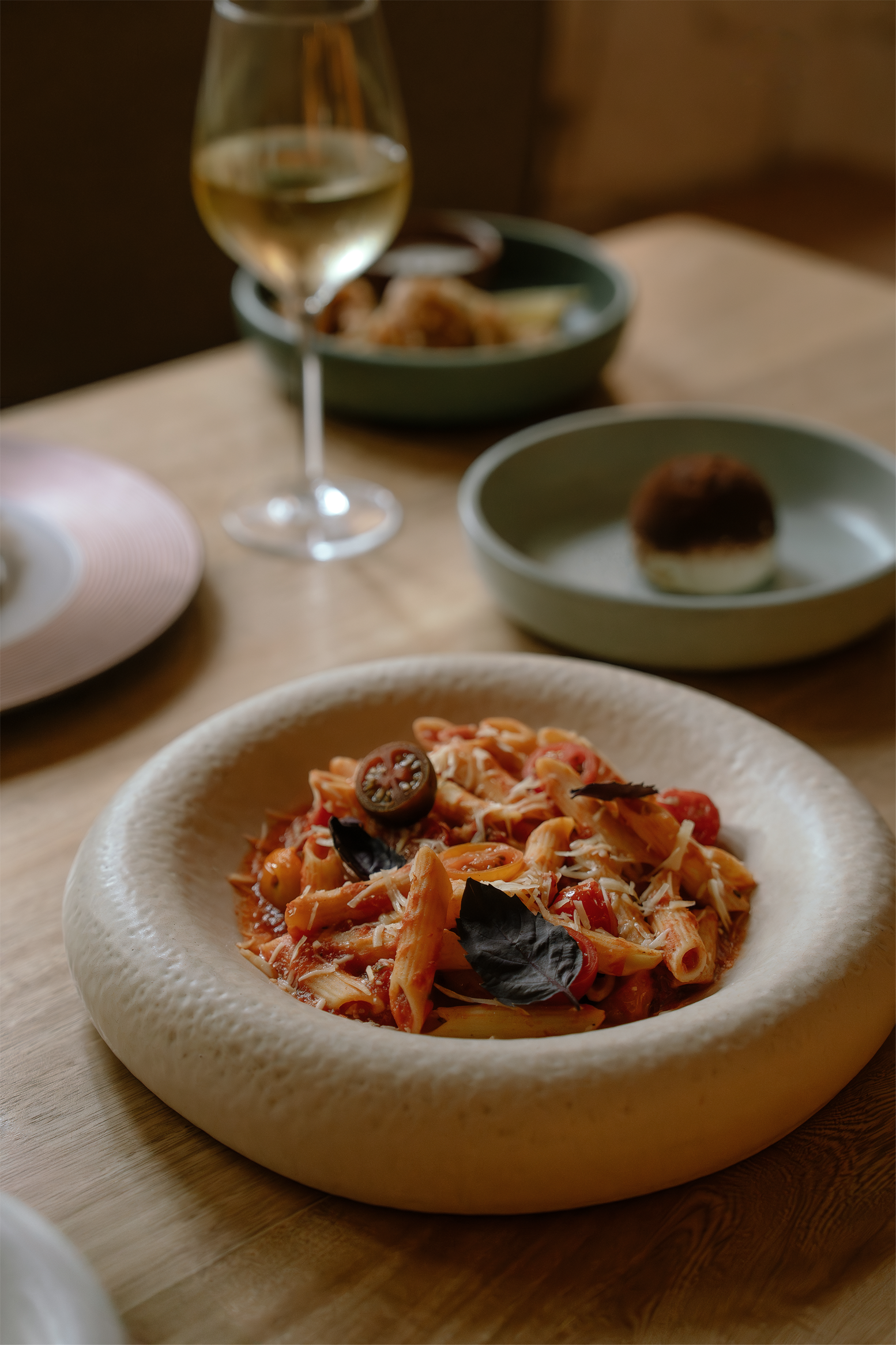 Fresh pasta with charred pomodoro sauce and fresh basil at Climo Ristorante, Encantada Tulum