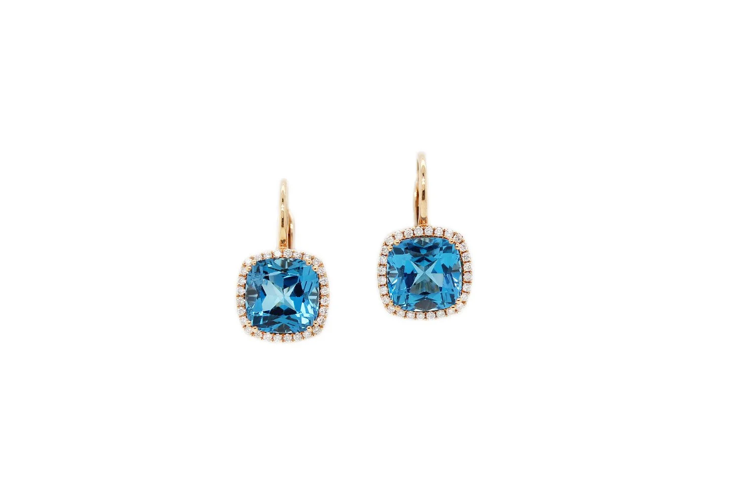 London Blue Topaz Cushion Drop Earrings in 18k Rose Gold