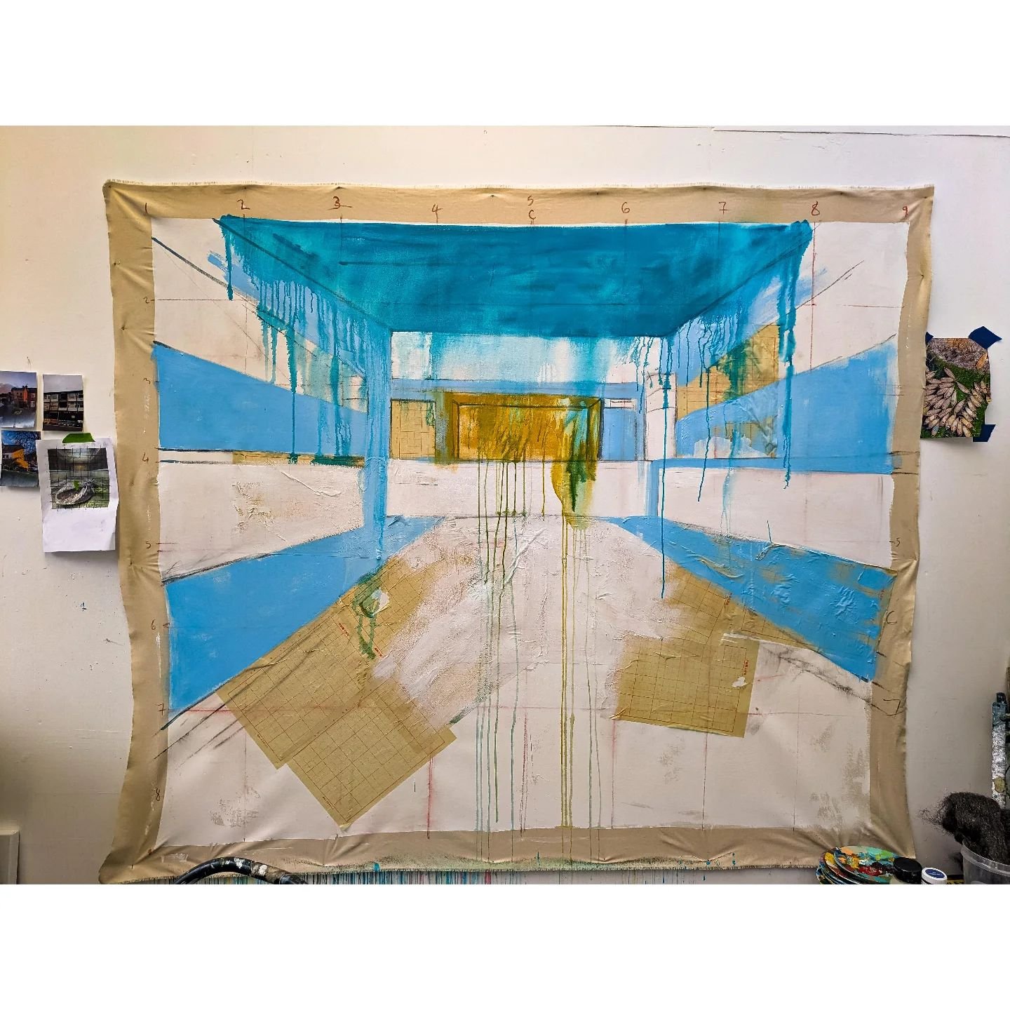 My latest commission. I'm working on the themes of interiors of disused urban spaces. 
This photo captures the work in progress as I have always preferred the process to outcome.
