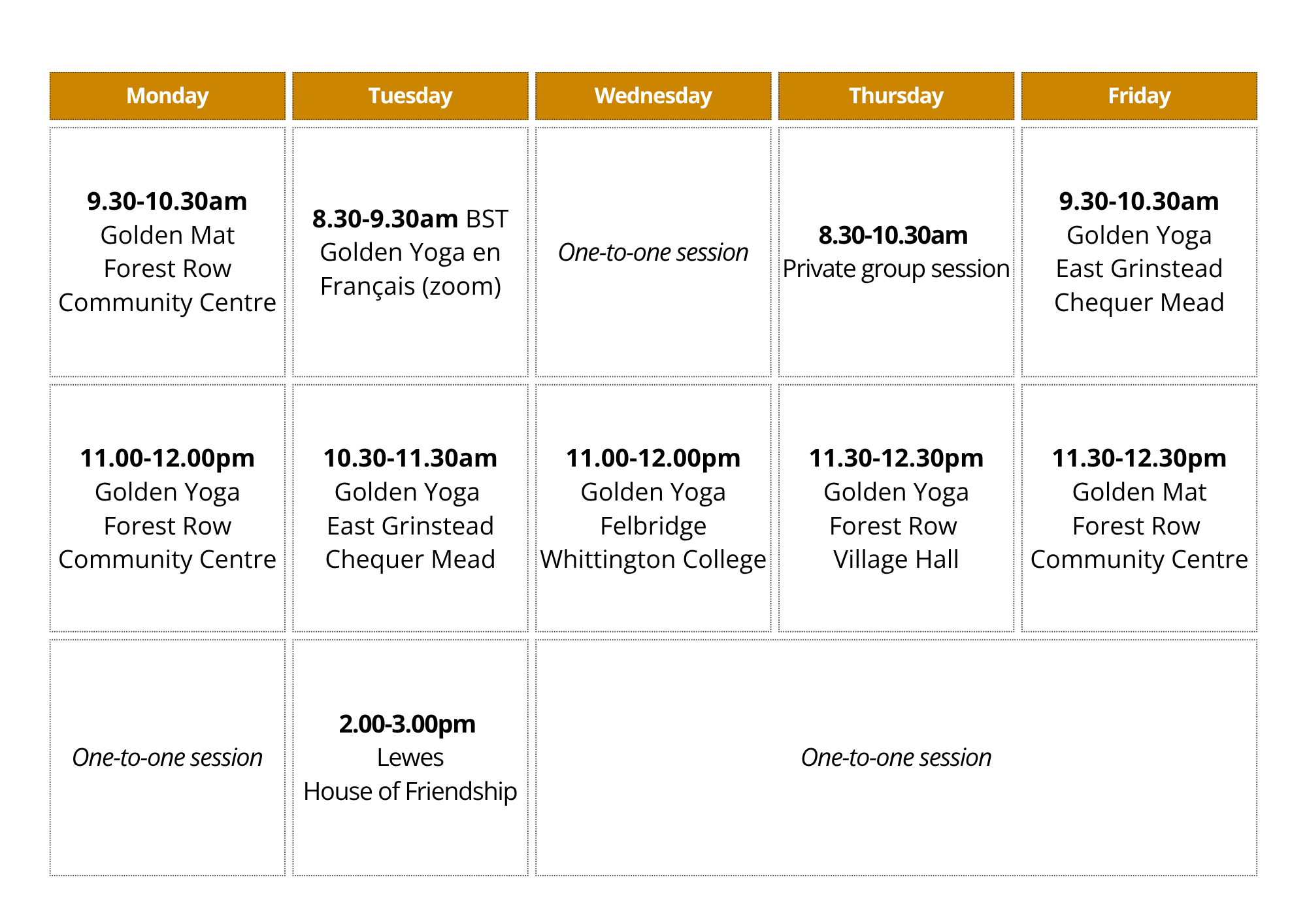 Weekly schedule grid with days of the week as columns and times as rows, listing various Golden Yoga® classes at different locations.
