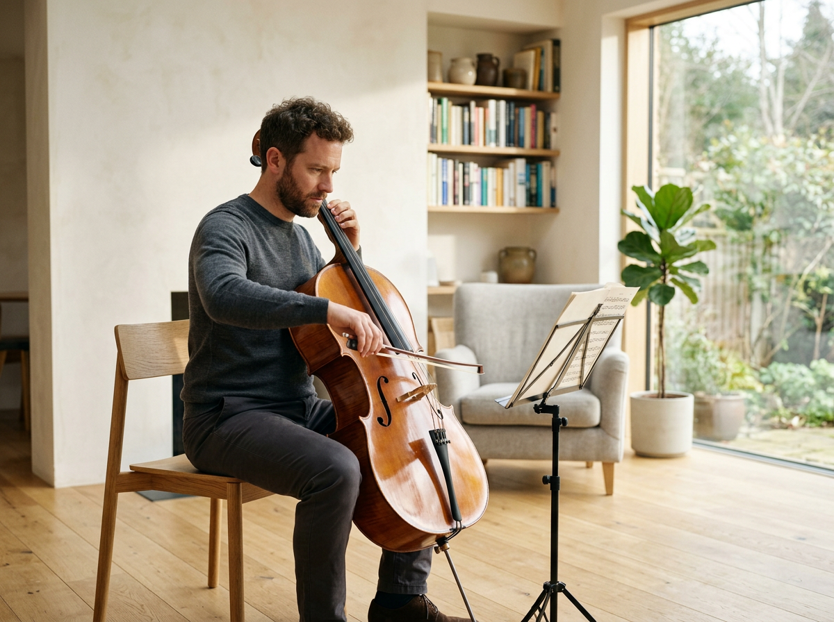 A man sitting on a wooden chair playing the cello in a well-lit living room with a bookshelf, large window, and potted plants.