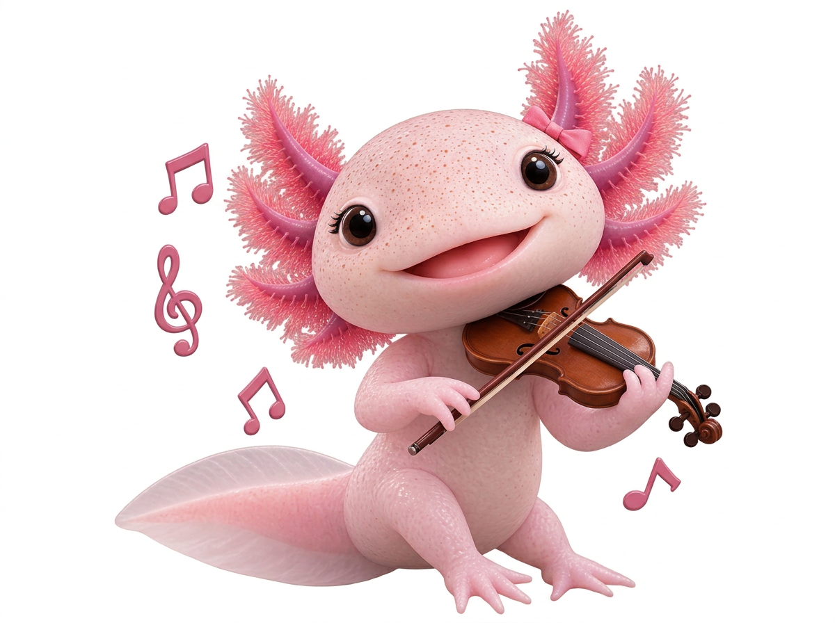 A cute animated creature with large eyes, pink skin, and pink feathery ears, playing a violin with musical notes floating around.