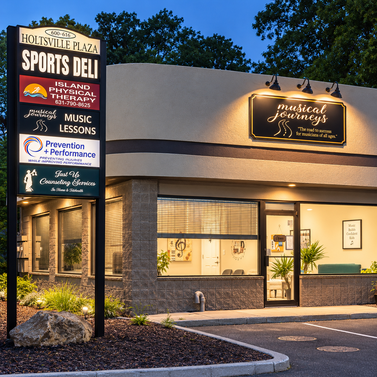 Exterior of a music therapy center called Musical Journeys at night, with illuminated signs including services like sports deli, physical therapy, music lessons, injury prevention, and counseling services. Large windows reveal inside with plants and framed artwork.